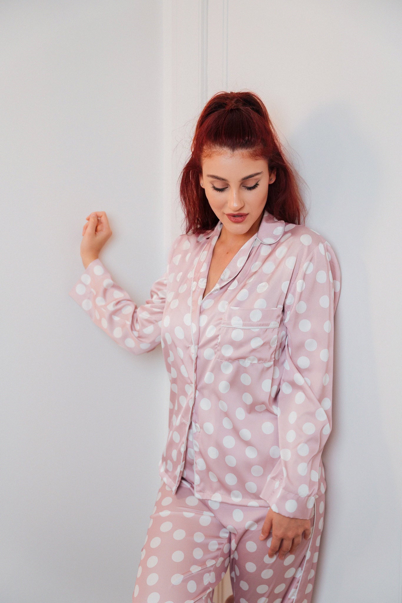 Pijama lungă roz cu buline Lilo