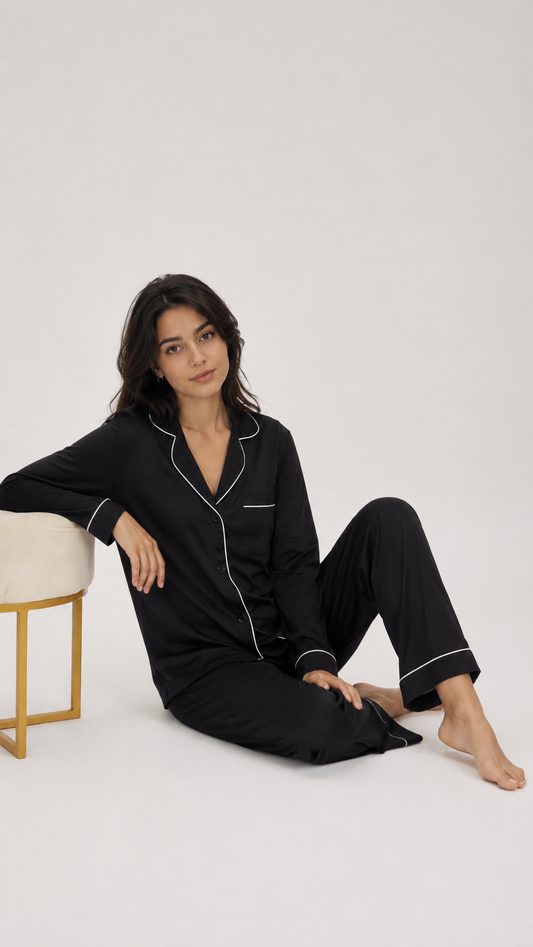 Nira — Pijama neagră lungă mătase